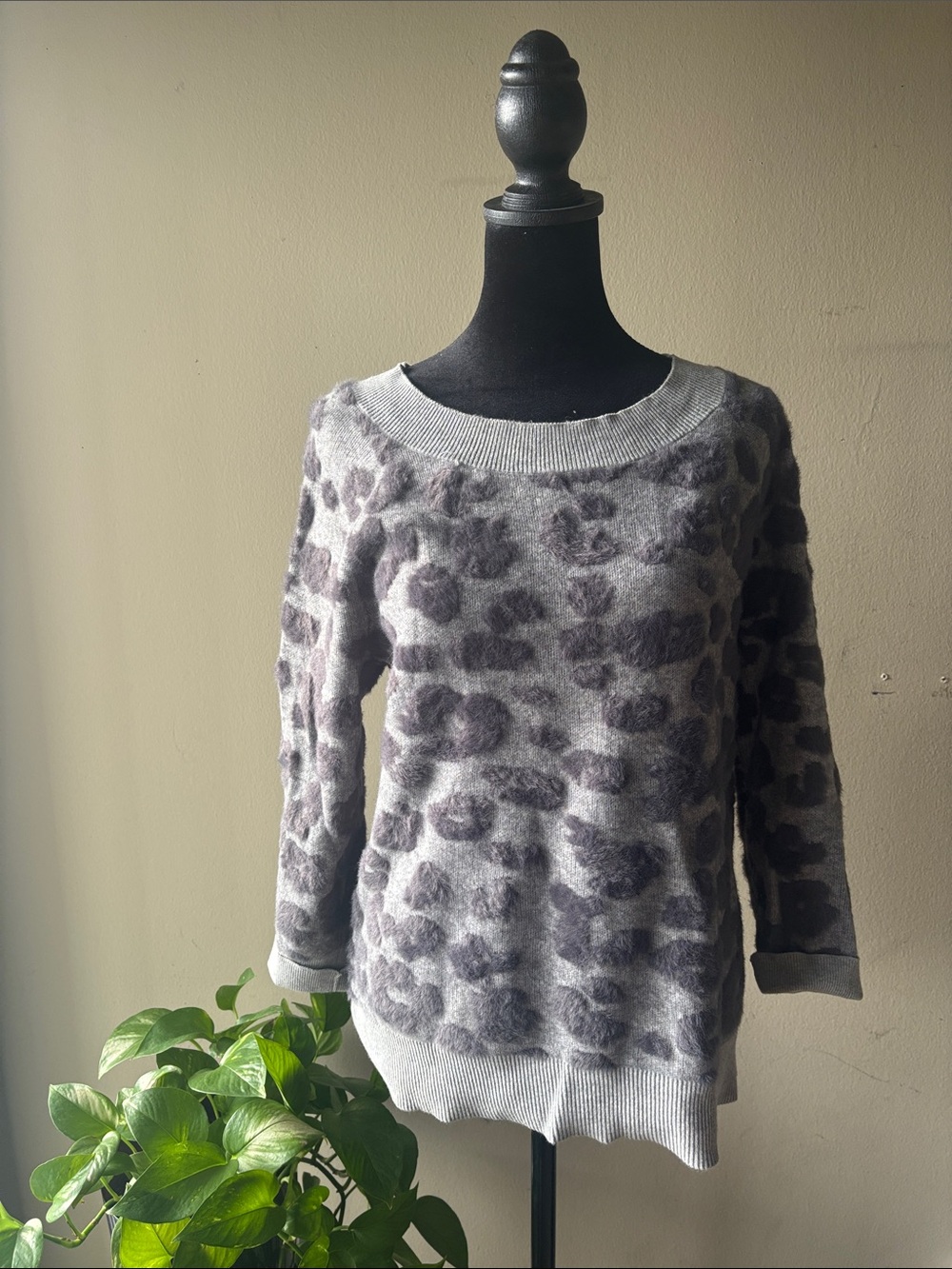 LOFT Gray Leopard-Print Scoop Neck Sweater